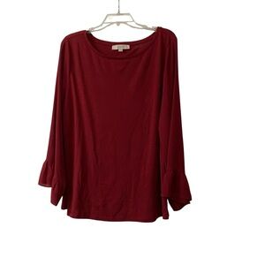 LOFT Burgundy Red Long Sheer Sleeve Knit Top with Ruffle Cuffs Size XL